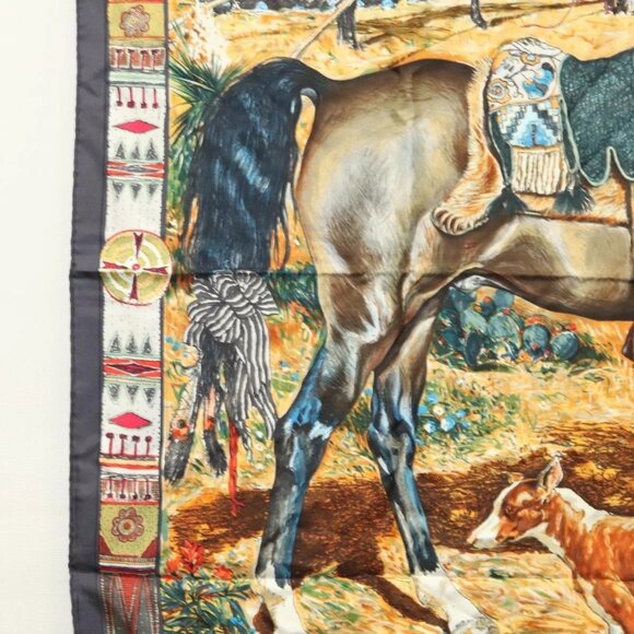 HERMES Carre 90 Scarf ""Les Cheyennes"" Silk Brown - Picture 5 of 14